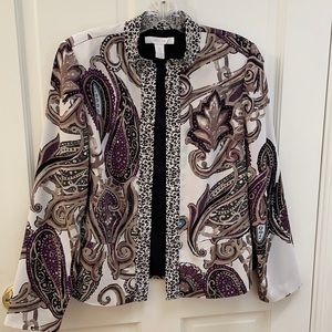 Chico’s 0 (S) cream/purple paisley print jacket with leopard print trim